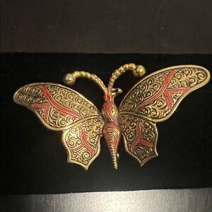 Vintage Damascene Butterfly Brooch/Pin. Gold tone with red accents. Signed